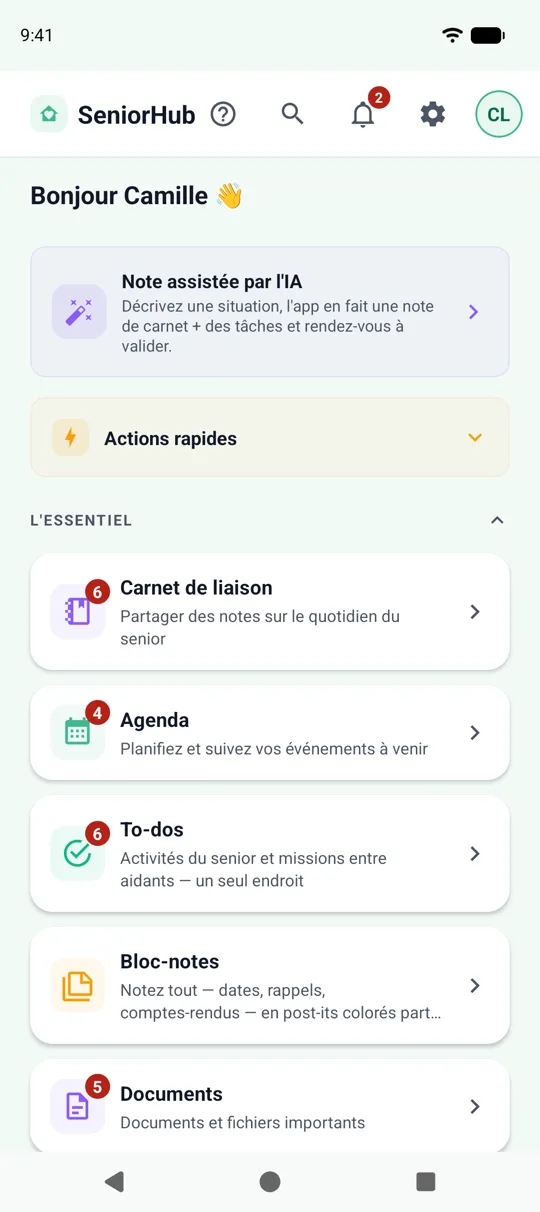 Écran d’accueil SeniorHub